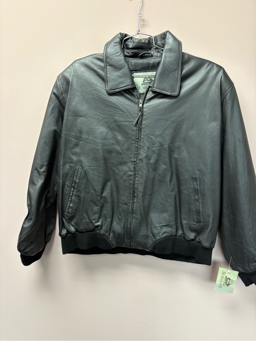 Burks Bay Mens XXL Black Genuine Leather Bomber Jacket Zip Out Bib Ribbed Trim